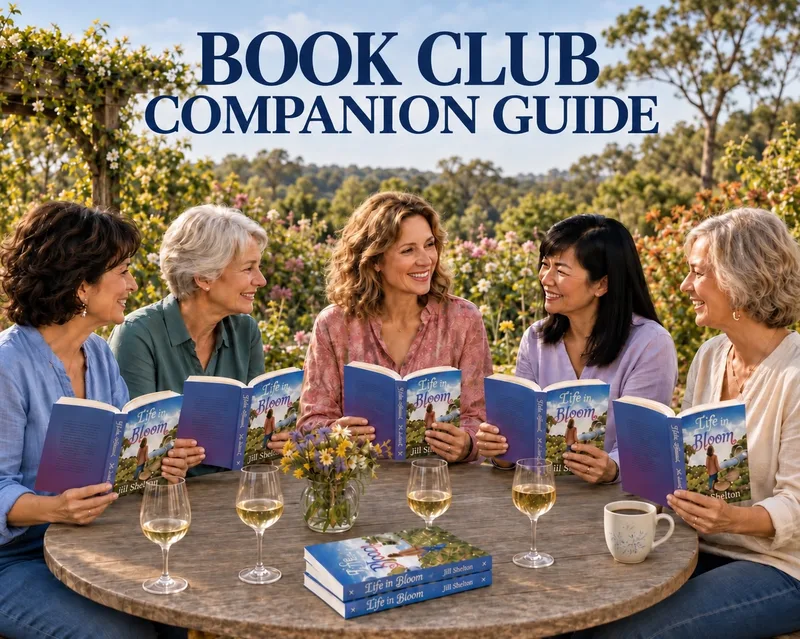 Cover for the Book Companion Guide featuring five women sitting around an outdoor table, smiling and holding copies of the book Life in Bloom.
