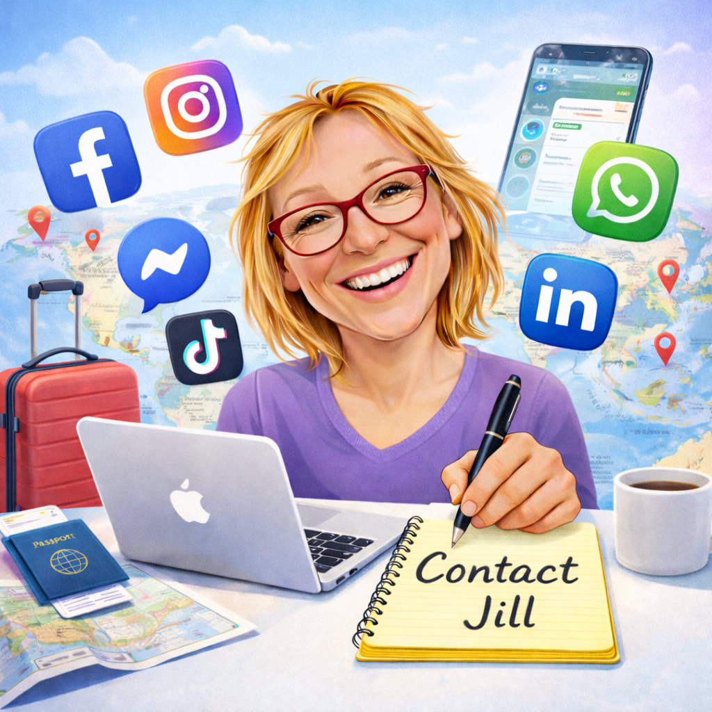 Contact Jill Shelton: illustration of a smiling woman with red glasses writing beside a laptop, surrounded by social media icons and travel items.