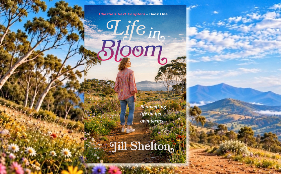Life in Bloom by Jill Shelton, Book One in Charlie’s Next Chapters, displayed against a sunny mountain landscape with wildflowers and eucalyptus trees.
