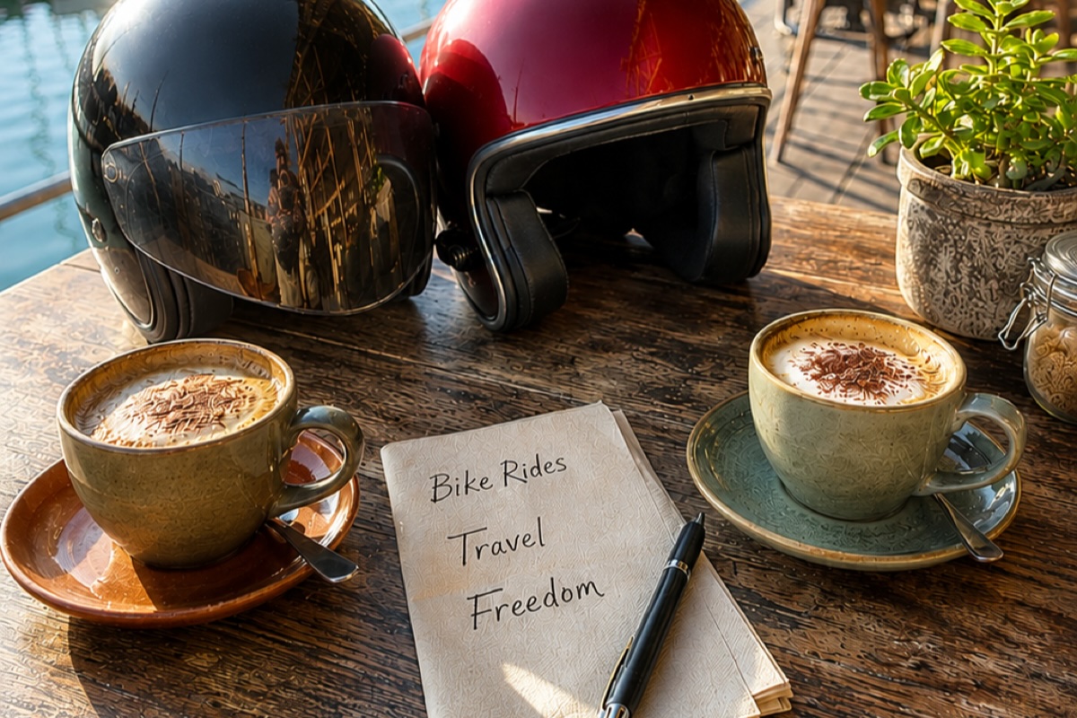 The Seeds of Change 3 words, two coffees and black and red motorcycle helmets on a waterfront cafe table beside a notebook reading “Bike Rides, Travel, Freedom.