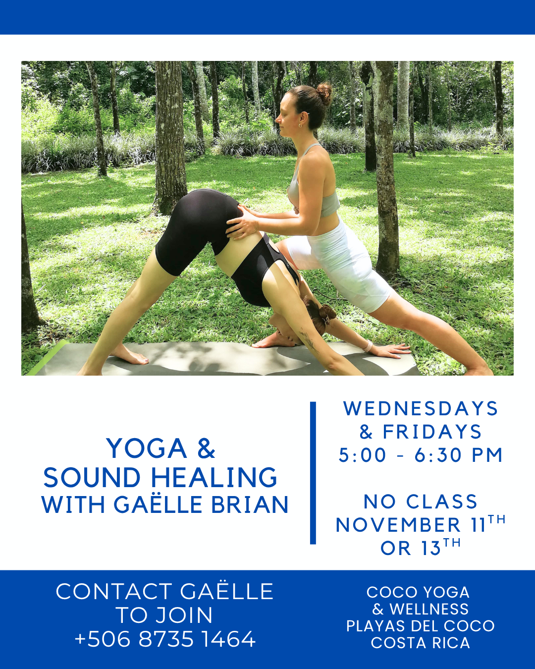 Yoga & Sound Healing with Gaelle Brian
Wednesdays & Fridays 5:00 - 6:30 PM
No class November 11th or 13th
Contact Gaelle to Join
+506 8735 1464