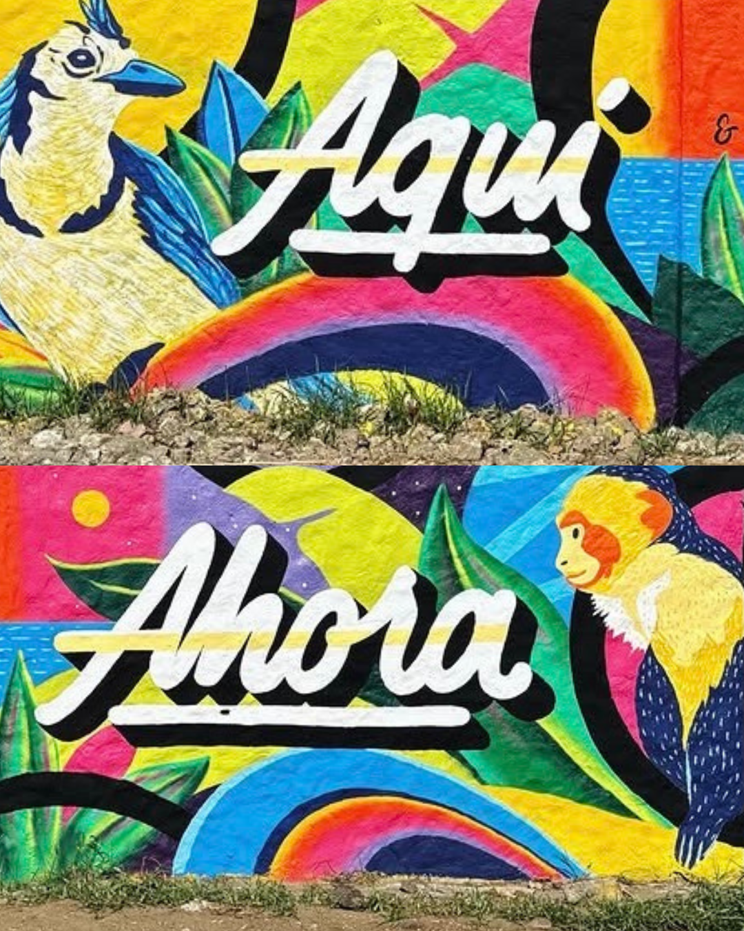Aqui Ahora mural by Sebastian Ayala street art from Summer Camp Graffiti Jam at Torro Blanco Hotel Playas del Coco Guanacaste Costa Rica