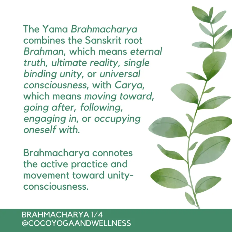 The Yama Brahmacharya combines the Sanskrit root Brahman, which means eternal truth, ultimate reality, single binding unity, or universal consciousness, with Carya, which means moving toward, going after, following, engaging in, or occupying oneself with.  Brahmacharya connotes the active practice and movement toward unity-consciousness.  

Coco Yoga & Wellness
