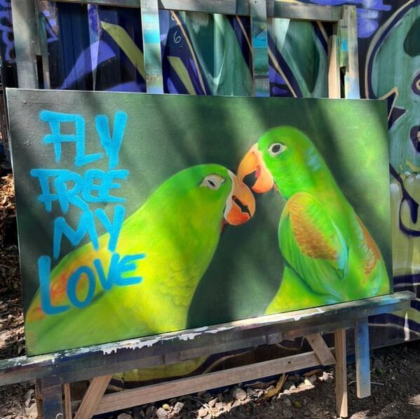 Original Art by Kendall Kech Valverded Fly Free My Love aerosol on canvas playas del Coco Costa Rica urban art