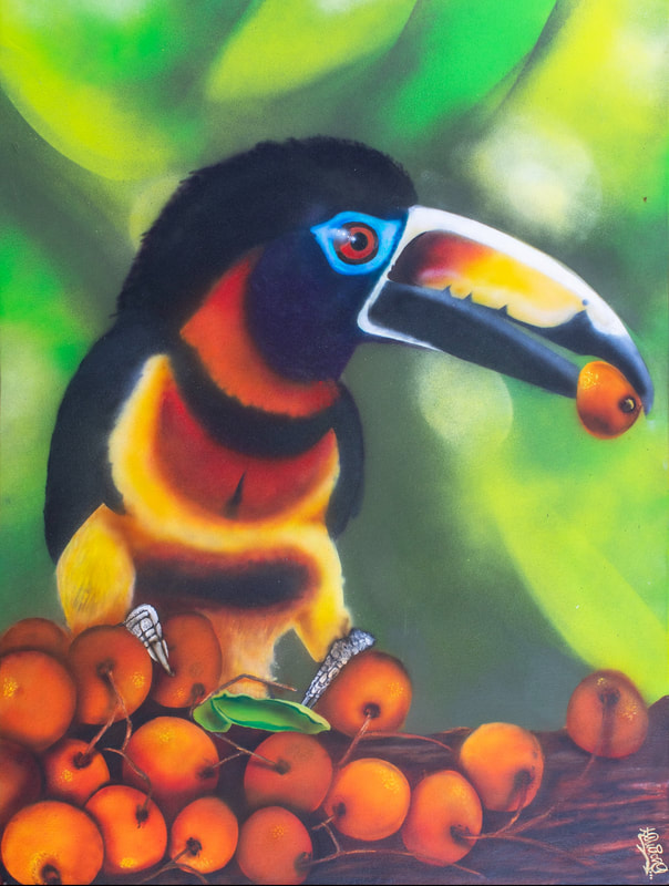 original art: Tucan con Frutas, airbrush on canvas painting by kendall 'kech' valverde