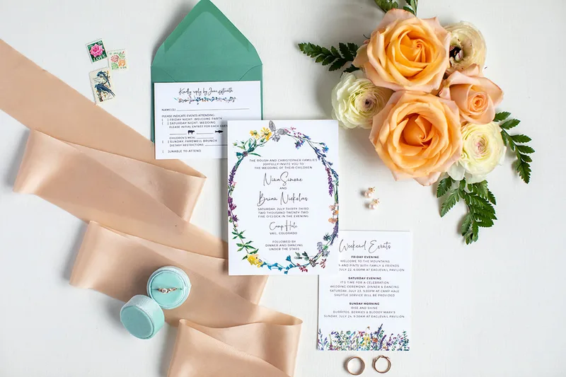 Invitation with watercolor floral wreath around text, Details card with watercolor florals at the bottom, Reply card  and green reply envelope