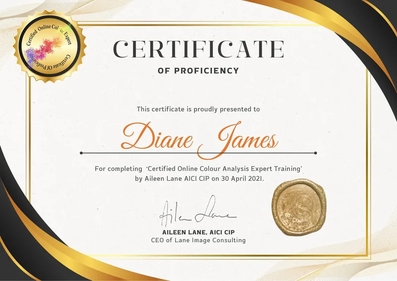 Diane James, Certificate of Proficiency for Online Colour Analysis Expert 