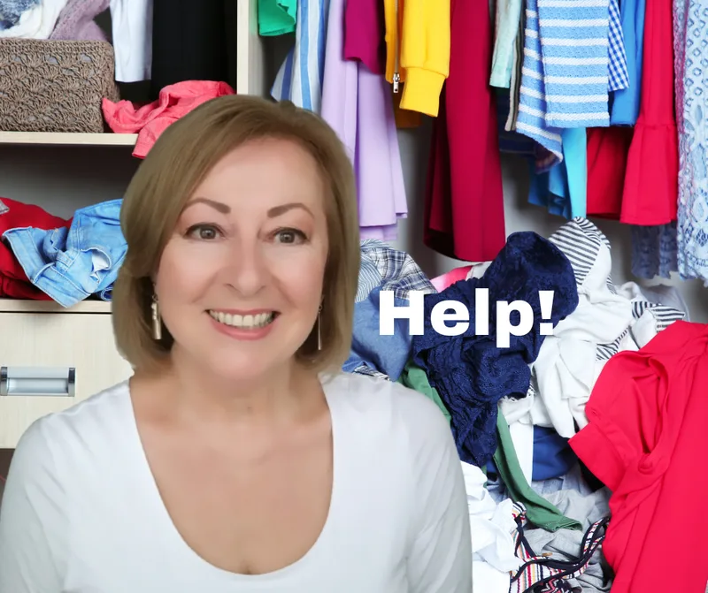 Diane in front of busy wardrobe help with Personal Style, Bodyshape dressing, with Colour Complements, serving Deal, Kent.