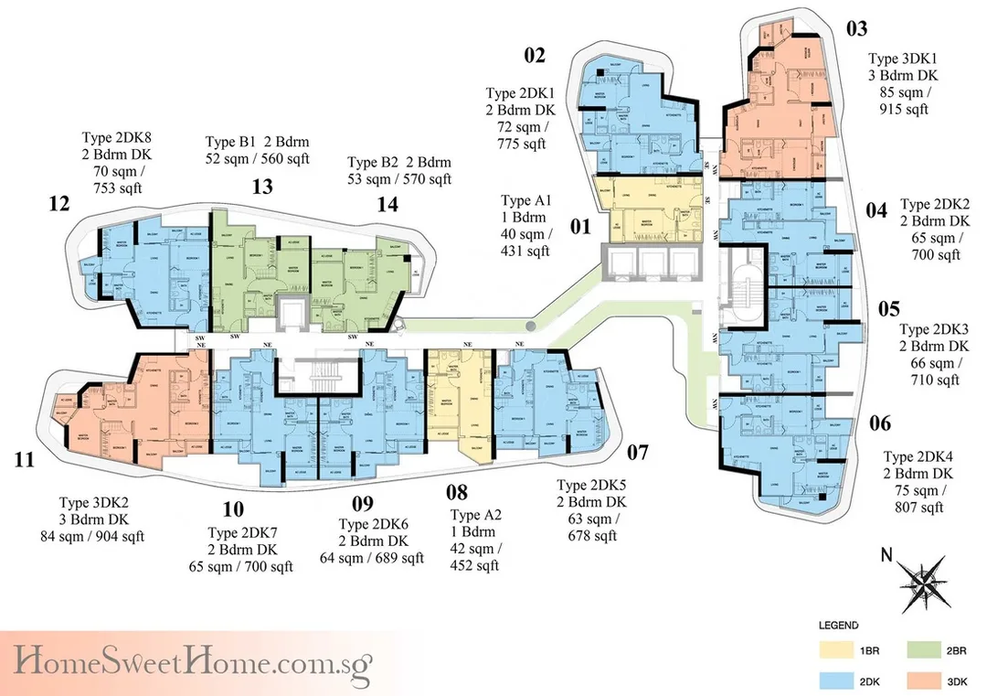 City Gate Residential Typical Unit Site Plan: 1 Bedroom, 2 Br, 2 Bedroom Dual Key, 3 Bedroom DK