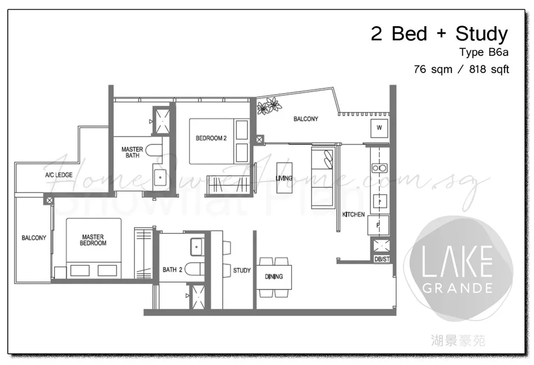 Lake Grande Condo Floor Plan - 2 Bedroom with Study (Unit Size 818 sqft)