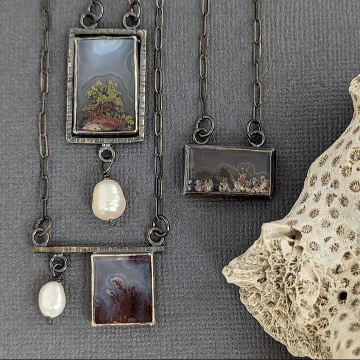 3 necklaces with moss agate