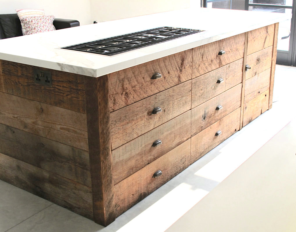 Bespoke handmade reclaimed wood kitchen island in Muswell Hill North London 