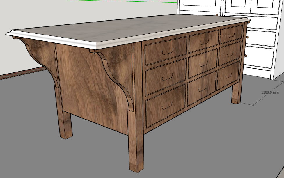 3D drawing of solid walnut kitchen island - Crouch End, London UK