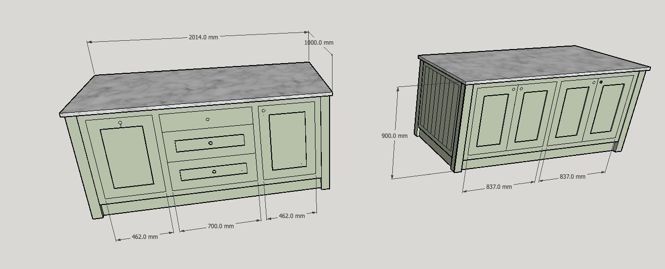 Handmade bespoke shaker panelled kitchen island in solid wood fitted in a kitchen in Cambridge 