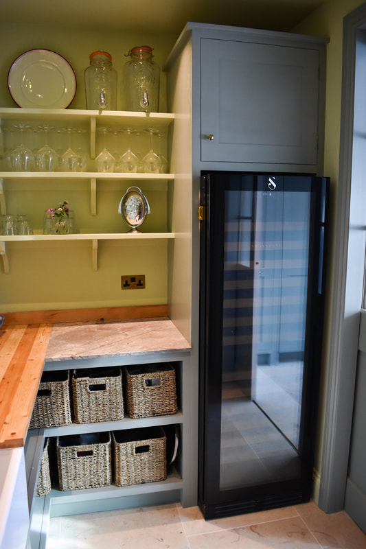 Wine cooler in pantry larder handmade painted shelves in North London