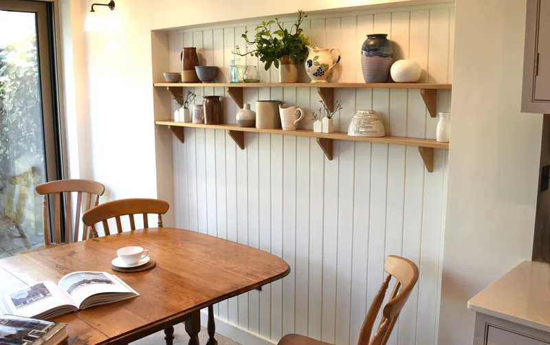 Solid oak shelves in contemporary shaker kitchen North London