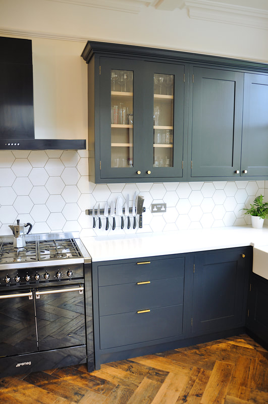 Hand painted shaker framed kitche in Barnet North London with reclaimed island 