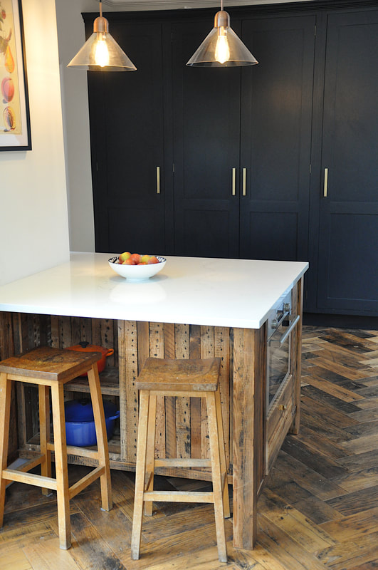 Reclaimed wood Hand painted shaker framed kitche in Barnet North London with reclaimed island 