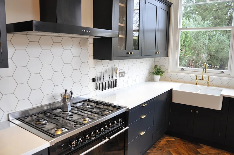 Bespoke Hand painted shaker framed kitche in Barnet North London with reclaimed island