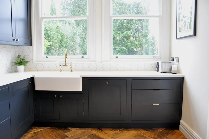 Hand painted shaker framed kitche in Barnet North London with reclaimed island