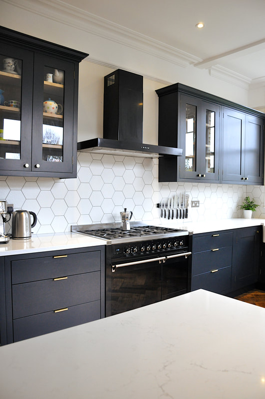 Hand painted shaker framed kitche in Barnet North London with reclaimed island 