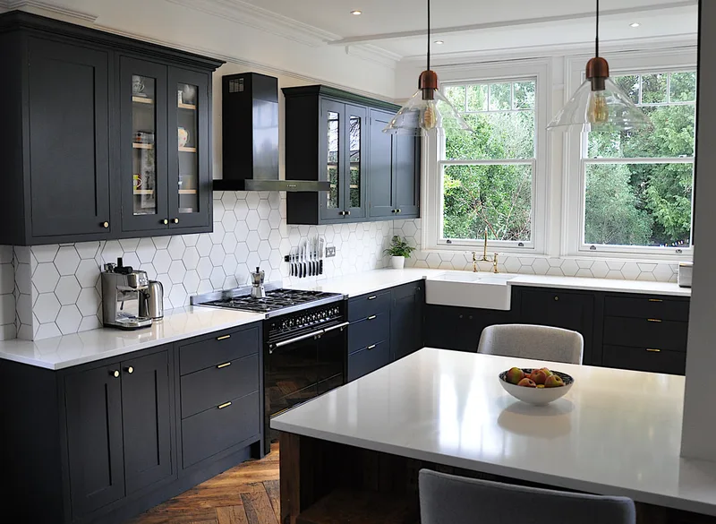 Hand painted shaker framed kitche in Barnet North London with reclaimed island 