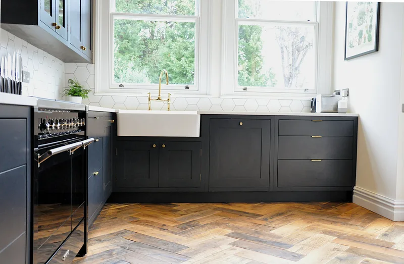 Hand painted shaker framed kitche in Barnet North London with reclaimed island 
