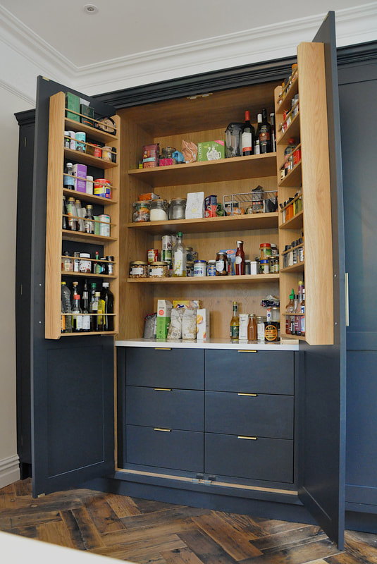Larder cabinet Hand painted shaker framed kitche in Barnet North London with reclaimed island 