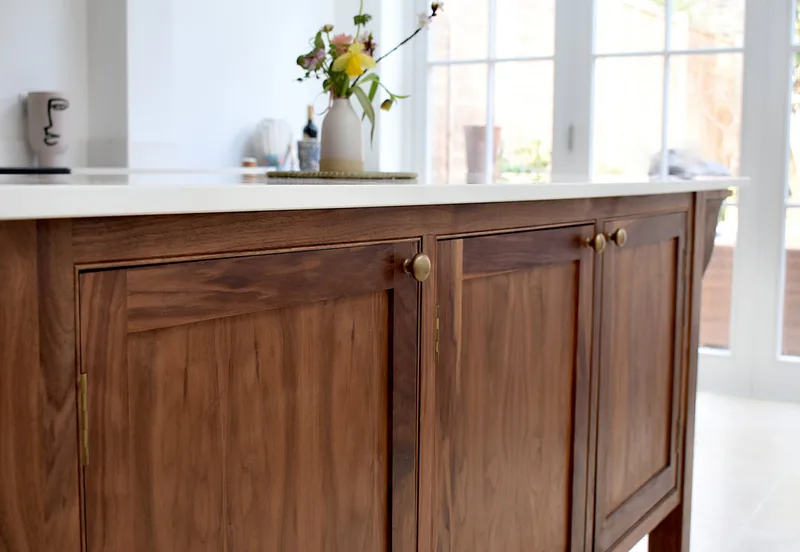 Solid walnut kitchen table island with beaded frames North London