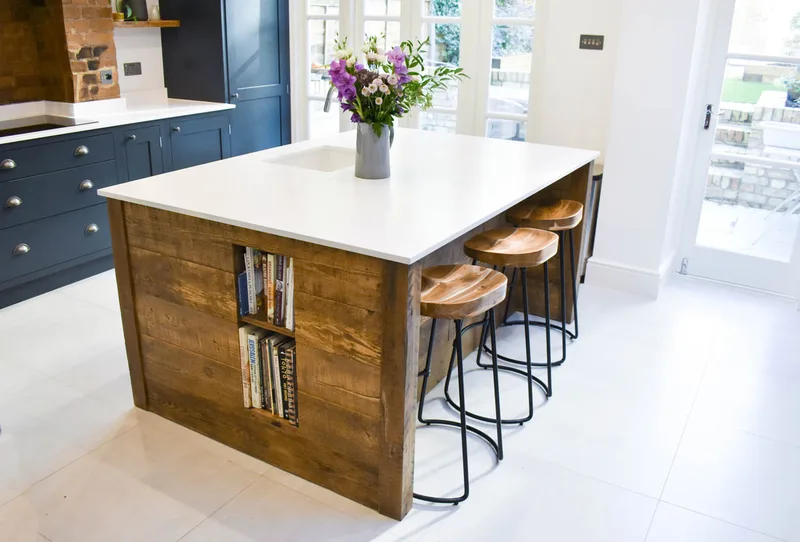 Mixed reclaimed and solid timber 'in frame' shaker kitchen in Crouch End North London