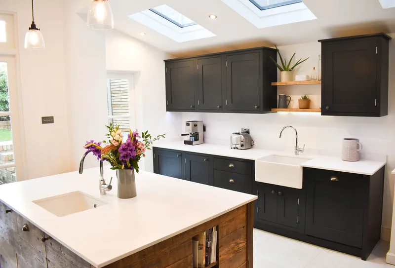 Mixed reclaimed and solid timber 'in frame' shaker kitchen in Crouch End North London