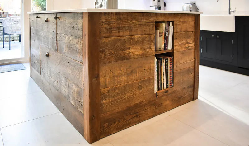 Mixed reclaimed and solid timber 'in frame' shaker kitchen in Crouch End North London