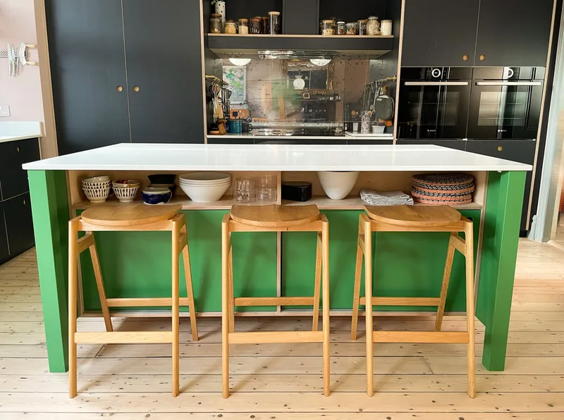 Contemporary mixed birch ply and solid timber kitchen island Manchester UK