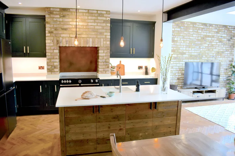 Mixed solid painted timber and reclaimed wood kitchen in a new extension in Hertfordshire 