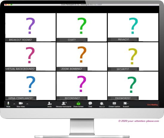 Zoom screen with question-marks, for people who have questions about how to use Zoom