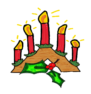 Xmas Advent Candles drawing shows a popular arrangement for a traditional Xmas candle window display, with lit candles and a sprig of holly at the base.