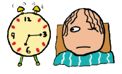 drawing of a sleepy guy with one open eye looking at the ringing alarm clock - must be time for work!
