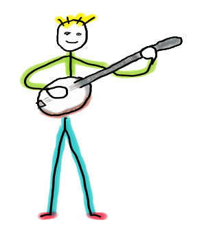 Hand drawn Banjo Stickman design features player with banjo in a fun image for banjoists, pickers and players.