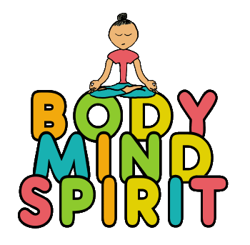 Body Mind Spirit design features the words slightly overlapping in various colors with a yogi meditating on the top of them. A peaceful image to emphasize the meaning of body, mind and spirit.