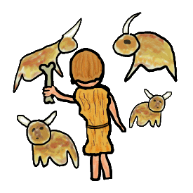 Caveman Artist design shows a Stone Age cave art painting in progress with an ancient stickman creating different animals using a bone as a paintbrush.