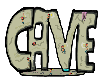 A Cave logo being explored by caving stickmen with helmets and lights. For caving, potholing and spelunking enthusiasts.