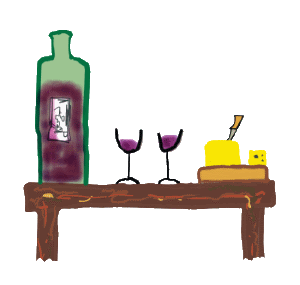 Cheese and Wine - bottle of wine, two glasses and cheeseboard with knife
