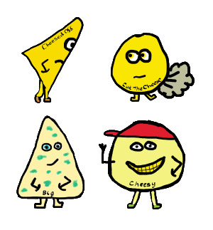 Cheese Puns design features four funny cheese illustrations - cheesed off, cut the chess,big cheese and cheesy grin.
