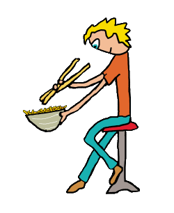 Chopsticks And Noodles design shows diner perched on stool with a bowl of noodles in one hand and a pair of chopsticks in the other. Fun graphic for people who have mastered the art of eating with chopsticks and who like noodles!