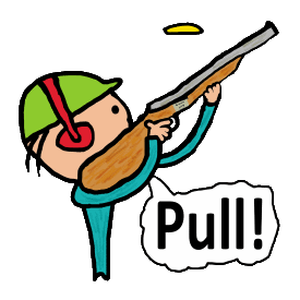 Clay Pigeon Shooting design shows an expert marksman aiming in front of the fast moving clay. Original hand drawn design for clay shooting enthusiasts. No pigeons harmed, etc.