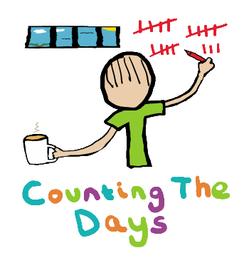 Counting The Days design shows a prisoner marking off days on a cell wall.  Holds a crayon and a cup of coffee and has a small window offering a glimpse of the outside - sun, birds, tree.  For people who feel they are trapped in a prison of work, study, relationships or maybe are in an actual prison.  Keep counting those days.