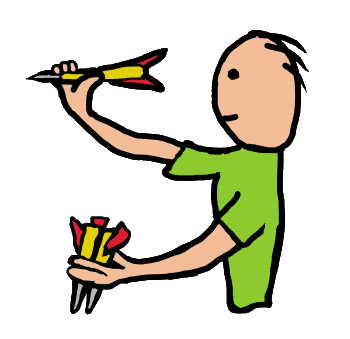 Darts player holds darts and aims one at the board