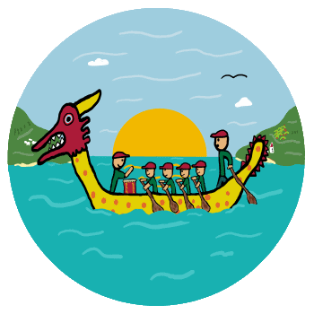 Dragon boat racing with drummer, paddlers and navigator