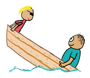 Humorous fat cartoon shows a fat guy sitting at one end of the boat, low in the water. High in the air at the other end is his lady companion.