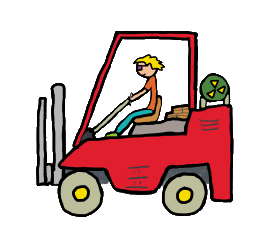Driving a red forklift truck with a pallet at the ready